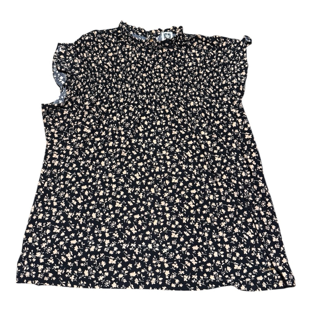 Anne Klein Black and Tan Floral Ruffle Sleeveless Top Size XL Keyhole Closure